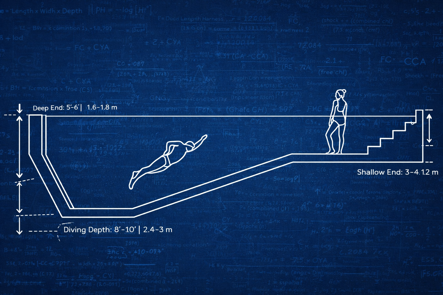 Pool blueprint diagram showing cross-section with depth measurements